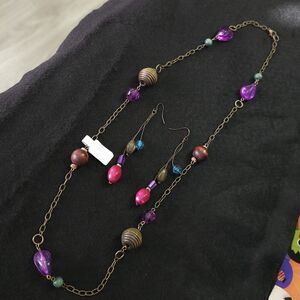Boho Hippie Necklace Earrings Bronze Wood Bead Purple Turquoise Teal Bead Hippy